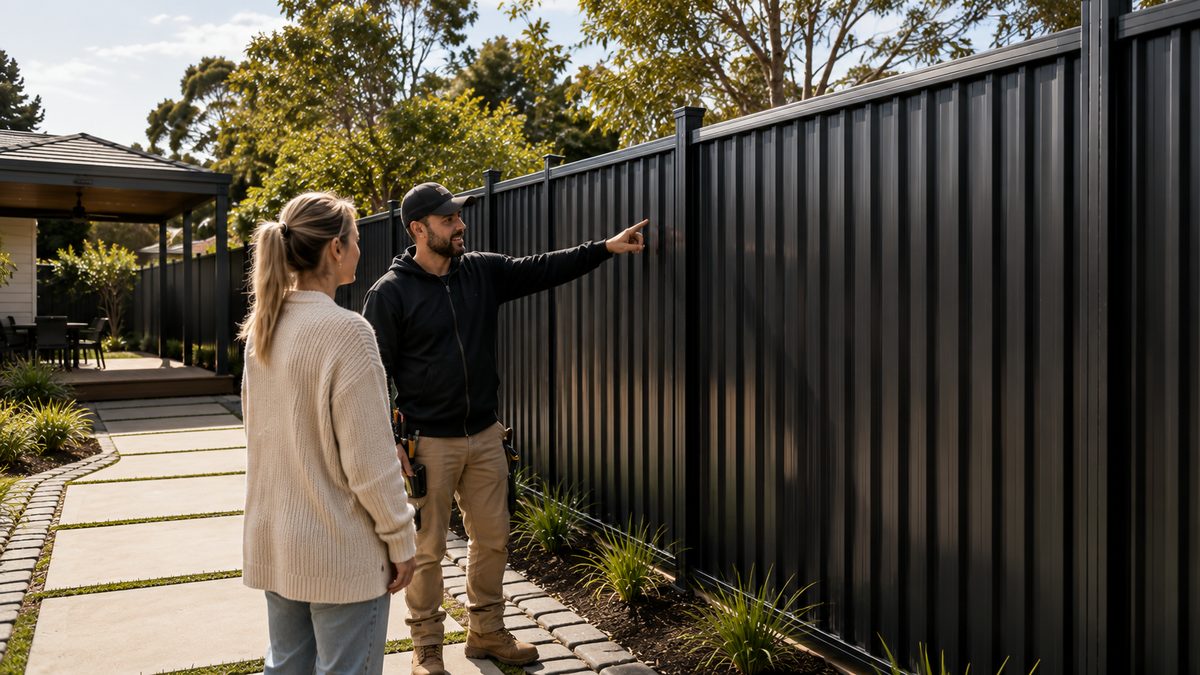 Homeowners looking over a completed Colorbond fence