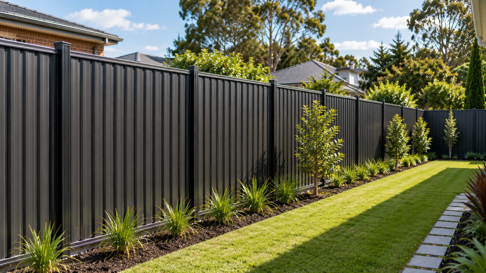 Charcoal Colorbond boundary fence along a landscaped backyard