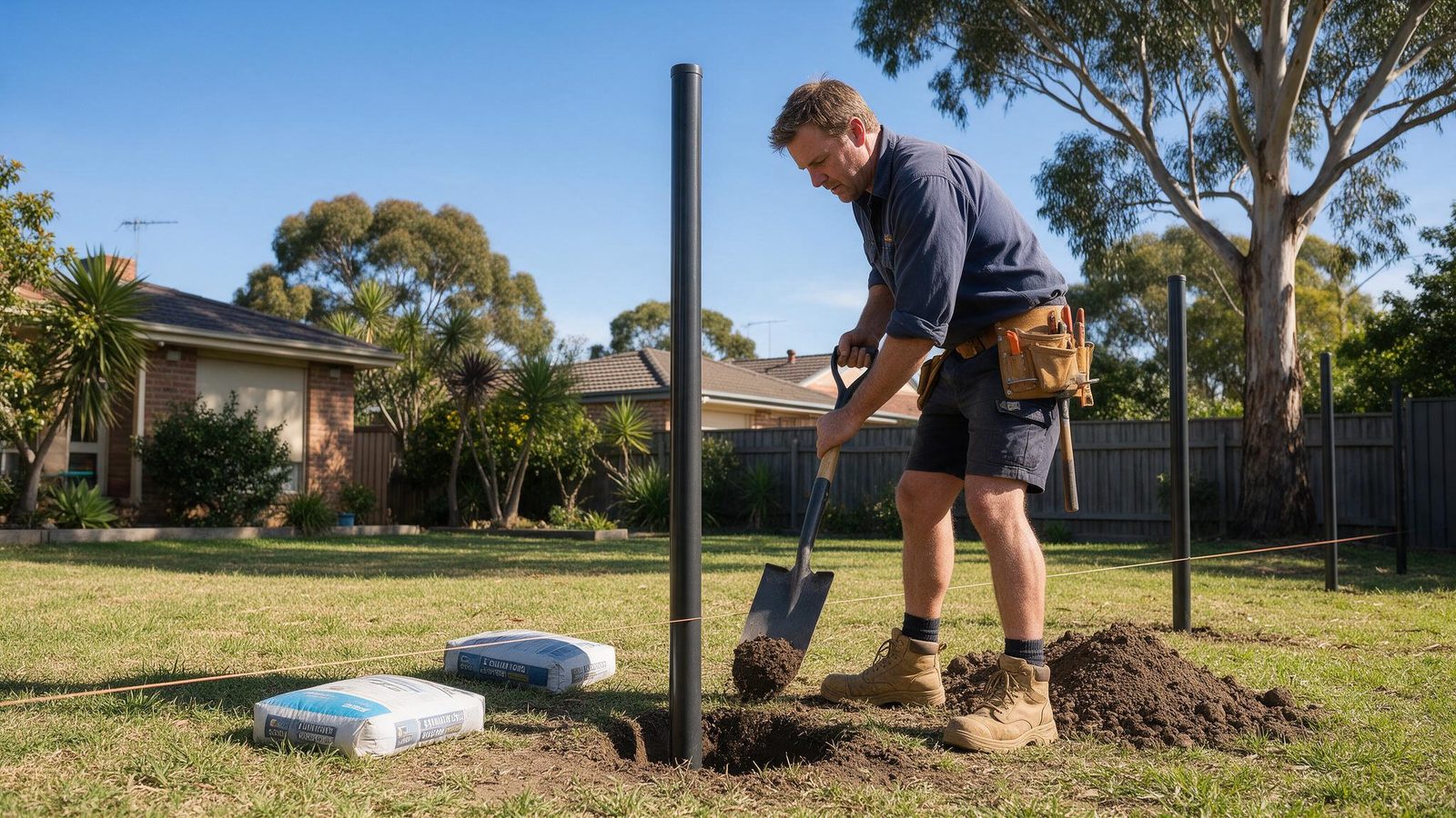 A local contractor setting steel posts for a new tubular fence