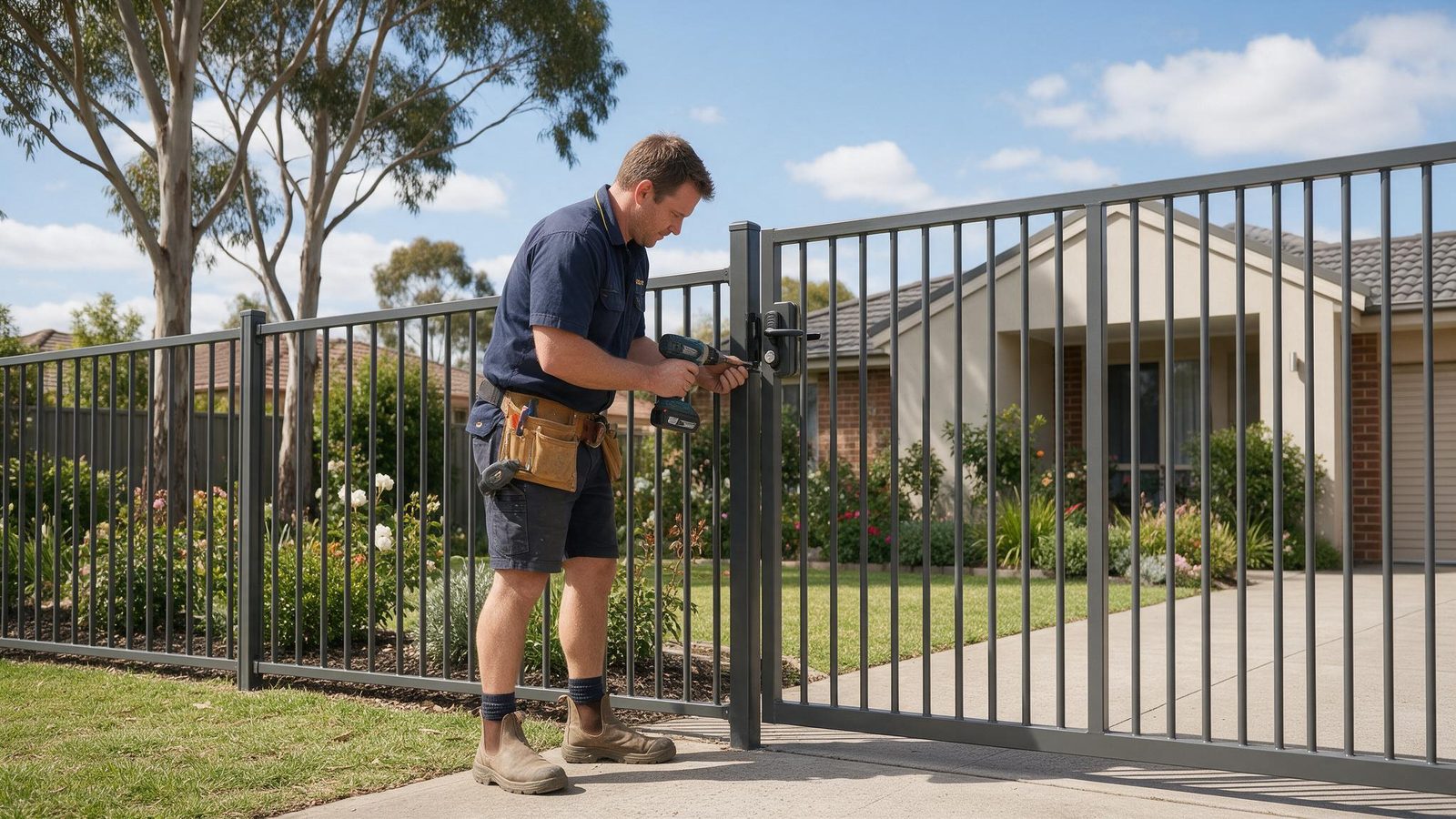 A local contractor fitting the lock on a new tubular steel gate