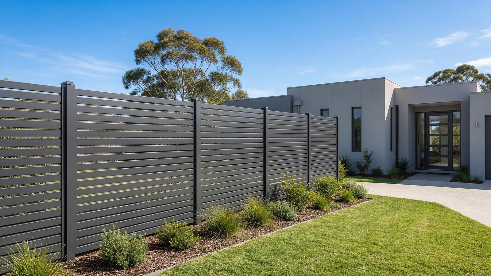 Modern charcoal aluminium slat privacy fence at the front of a home
