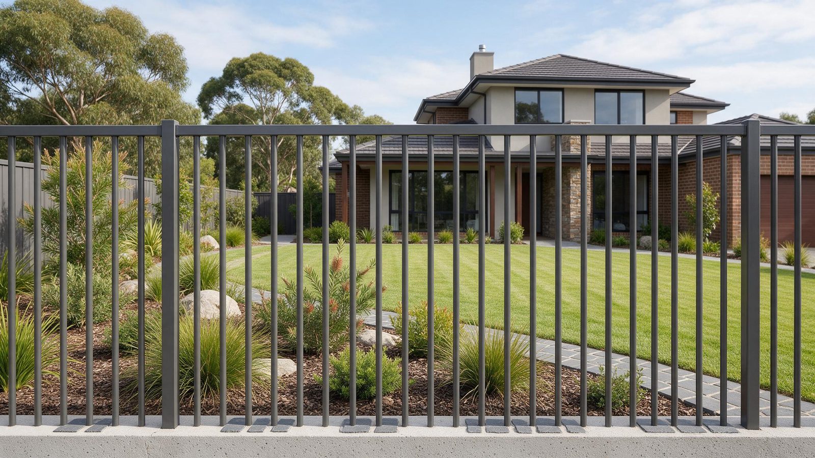 Charcoal tubular steel front fence on a suburban home