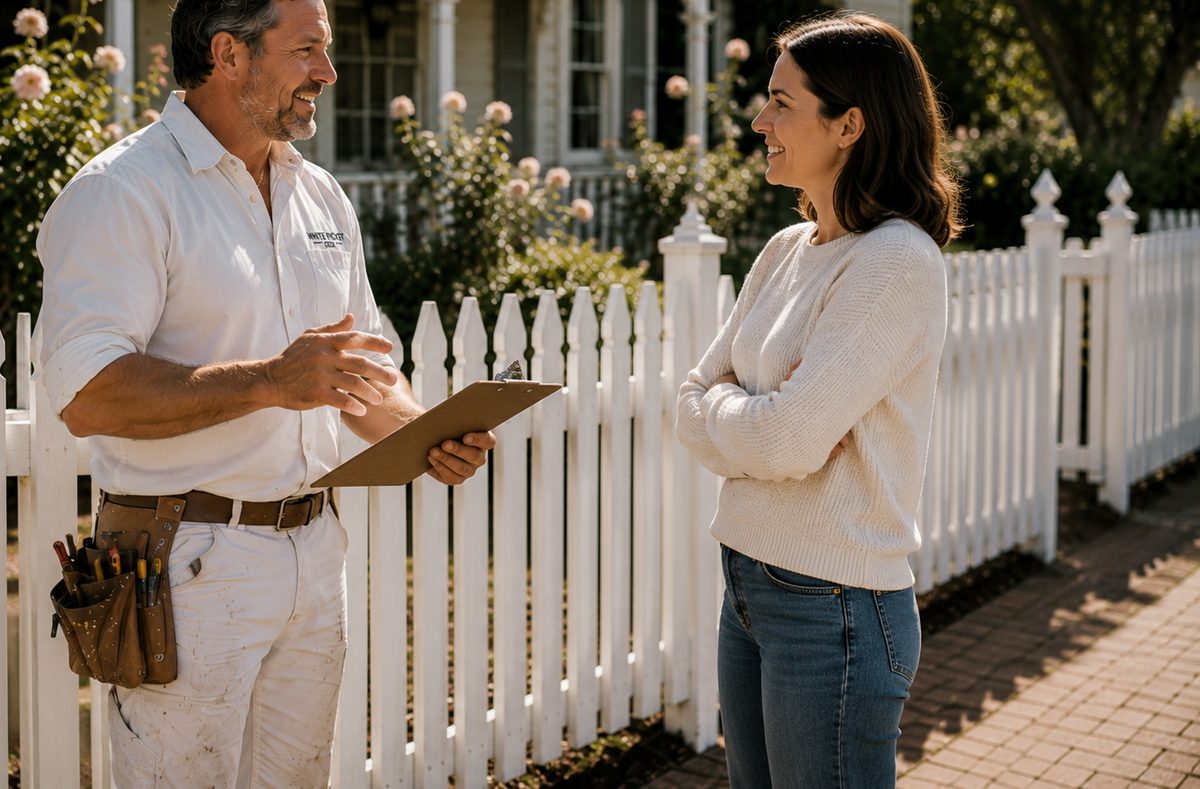 A contractor and homeowner discussing a picket fence out front