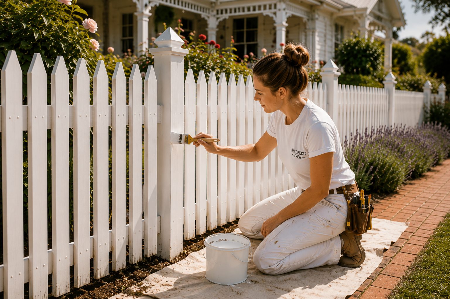 White picket fence with a cottage garden and lavender