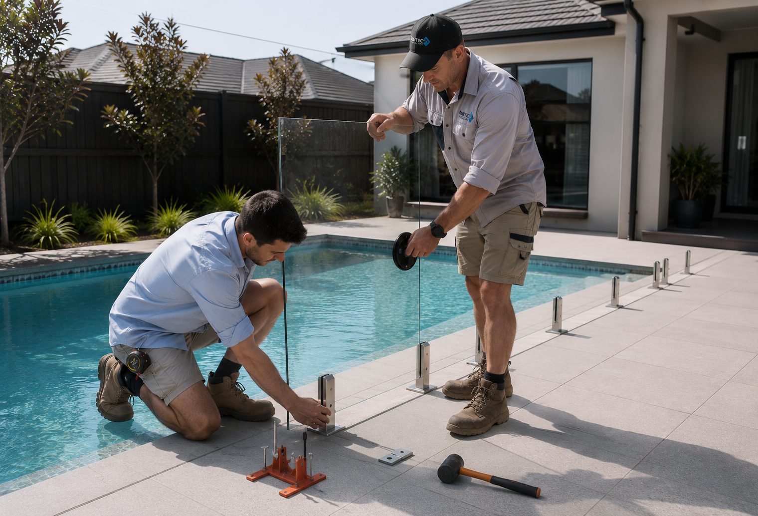 Frameless glass pool fence beside a backyard pool at a modern home