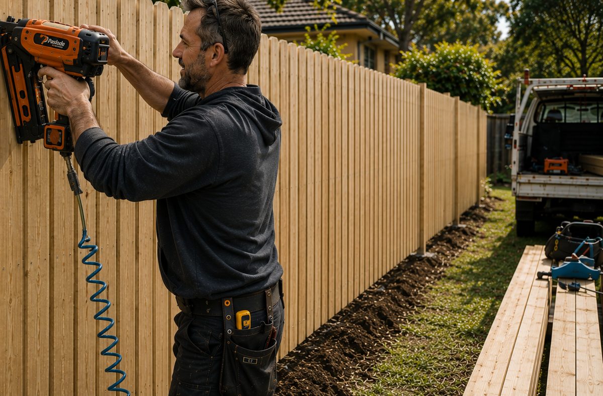 A timber paling fence being built by a local contractor