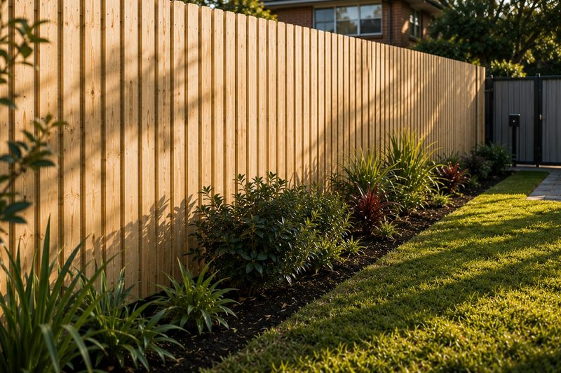 Timber paling fence with garden