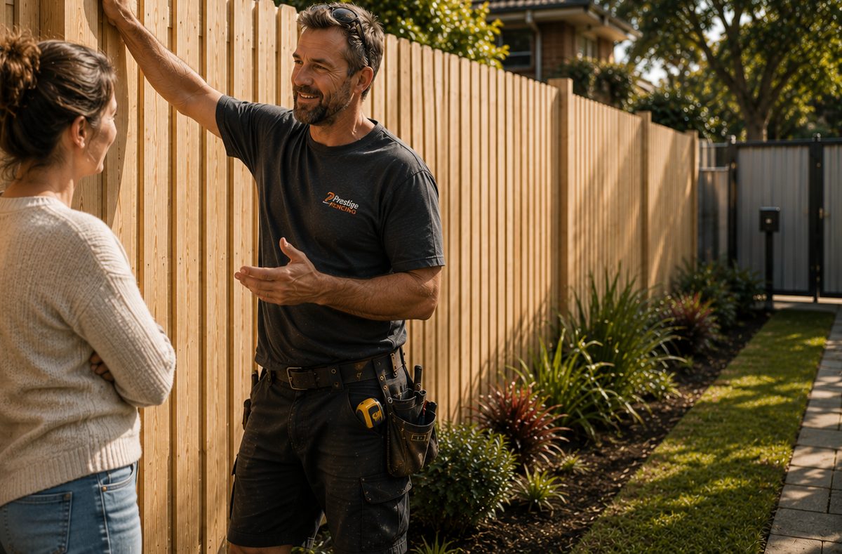 A homeowner and contractor looking over a completed timber fence