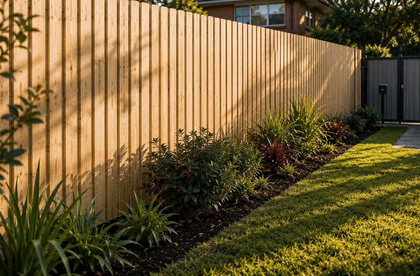 New timber paling fence in warm afternoon light beside a garden